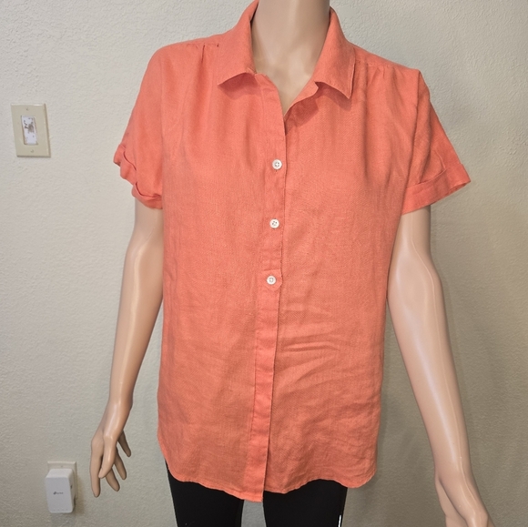 J. Jill Womens Size Medium Orange Short Sleeve 100 % Linen Button Up Blouse - Picture 1 of 9